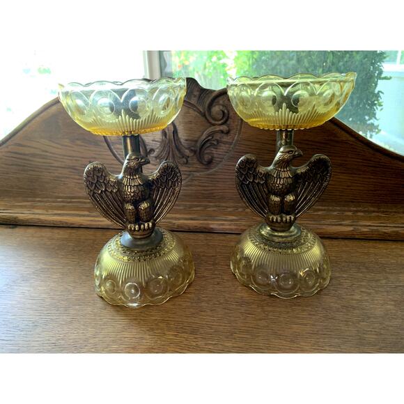 RARE Vintage Mid Century EAGLE Depression Glass & BRASS Candlesticks AMERICANA - Picture 6 of 14
